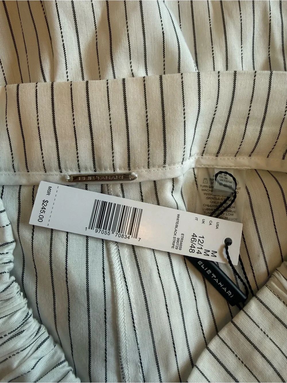 Elie Tahari Women’s White Wide-Leg Drawstring Bottoms with Black Pinstripes